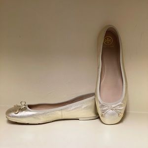 Tory Burch square toe gold leather ballet flats